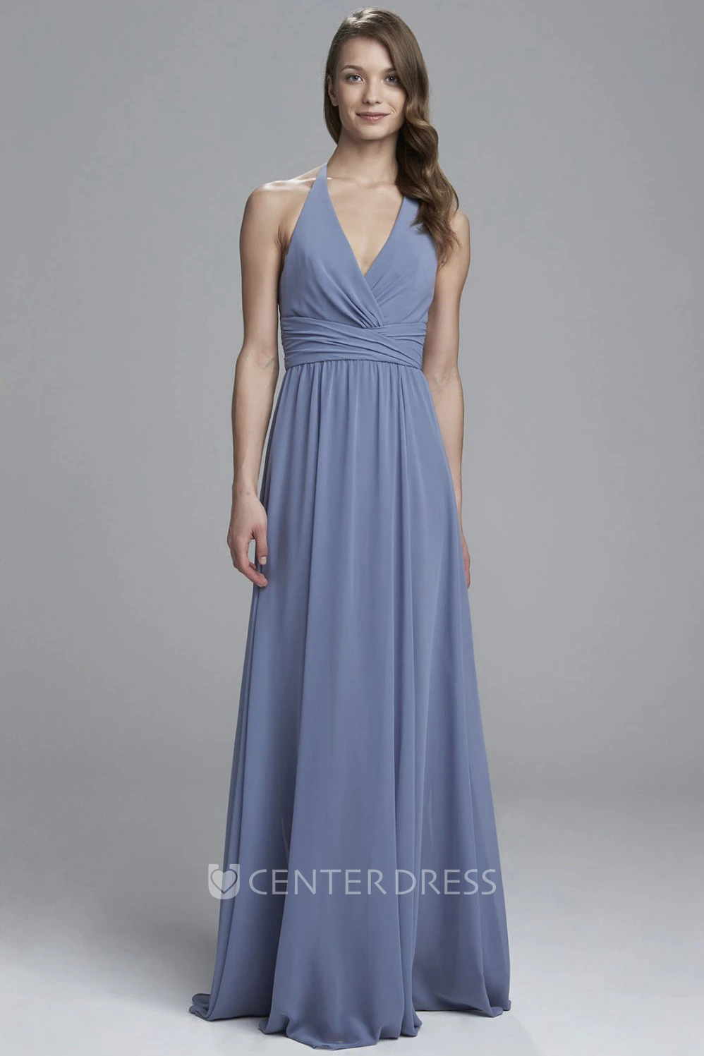 Sheath V-Neck Floor-Length Ruched Sleeveless Chiffon Bridesmaid Dress