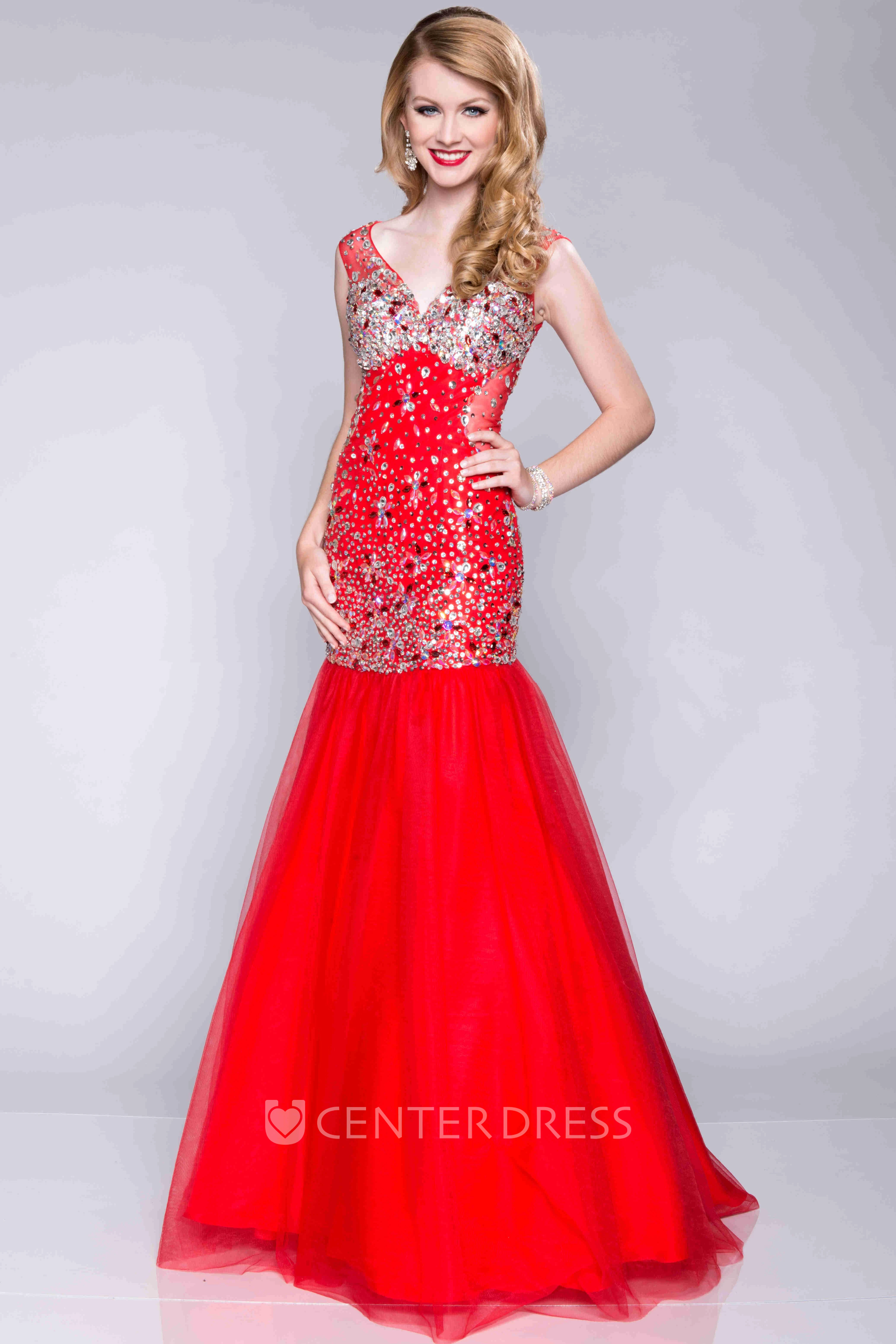 Fit And Flare V-Neck Tulle Prom Dress With Sequined Bodice