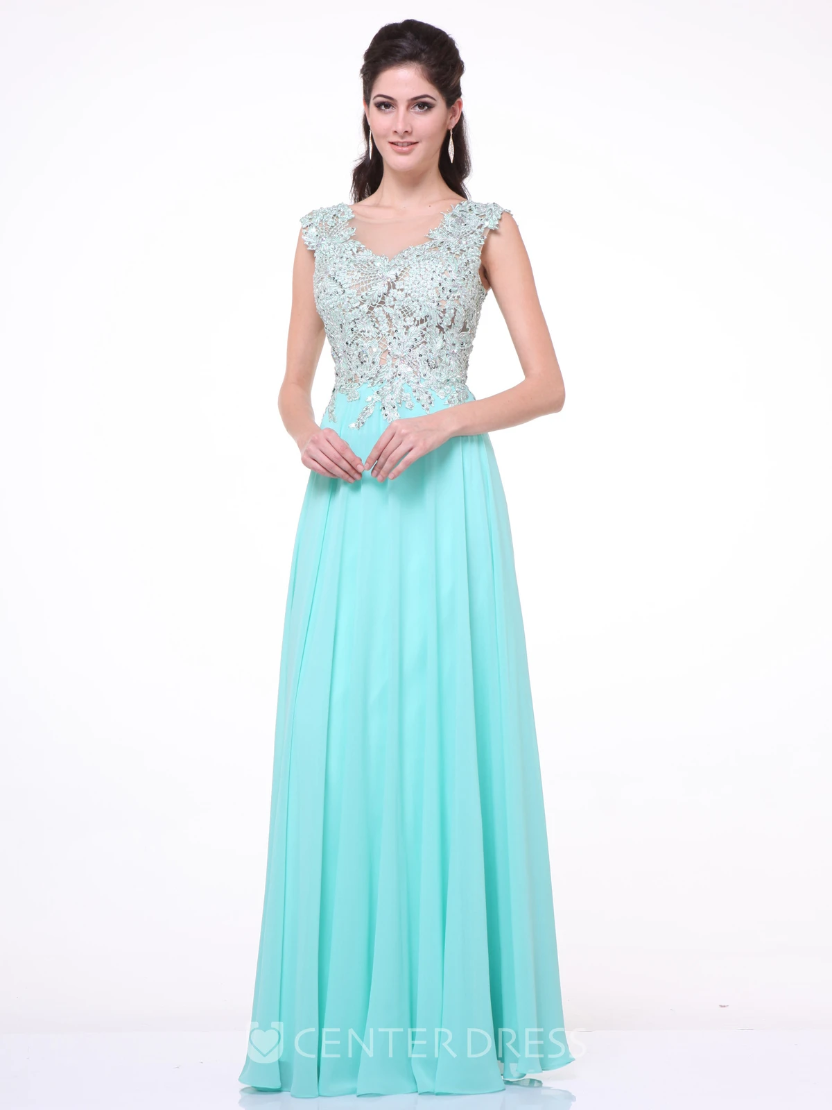 A-Line Scoop-Neck Sleeveless Chiffon Dress With Appliques And Pleats