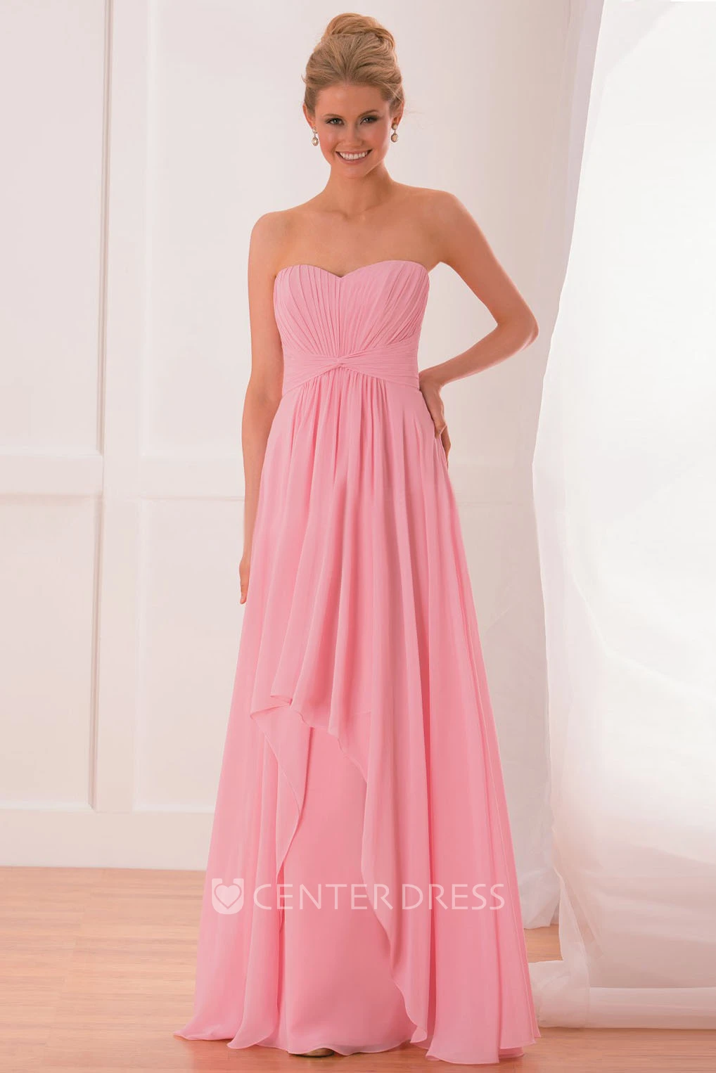 Sweetheart Chiffon Gown With Knot Detail And Ruffles