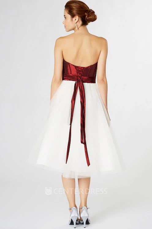 Tea-Length Strapless Ruched Tulle Bridesmaid Dress With Flower And Lace-Up Back