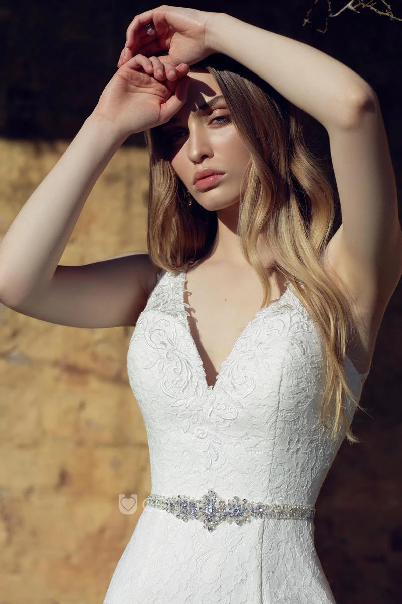 Trumpet Sleeveless V-Neck Long Appliqued Lace Wedding Dress With Waist Jewellery And Deep-V Back