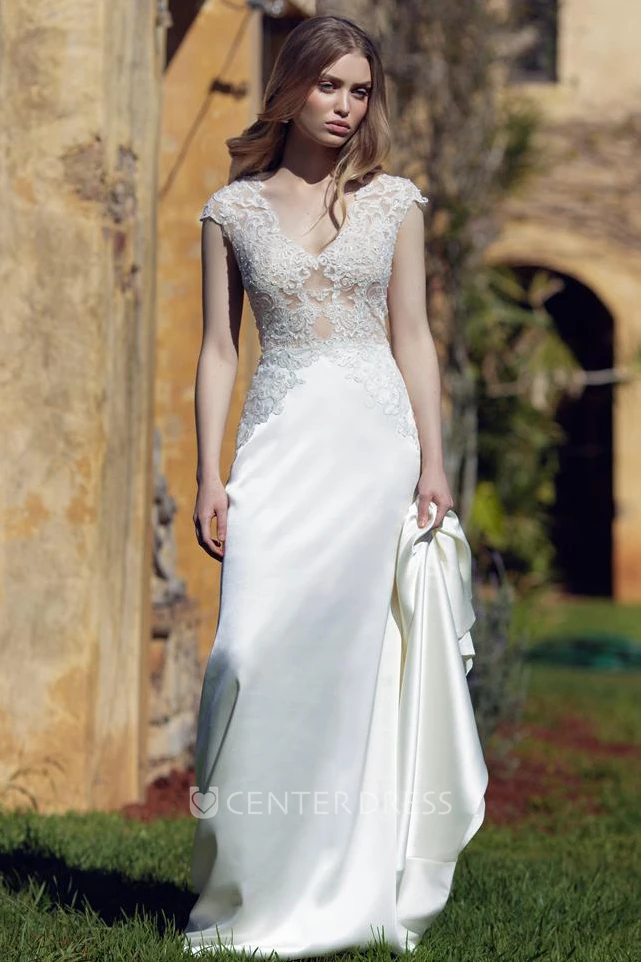 Sheath V-Neck Long Cap-Sleeve Chiffon Wedding Dress With Appliques And V Back