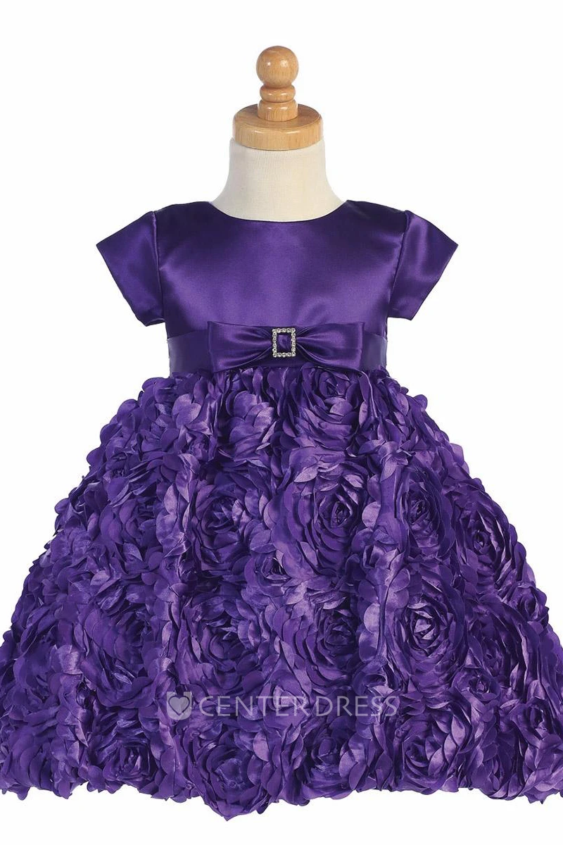Floral Tea-Length Bowed Floral Satin Flower Girl Dress With Ribbon