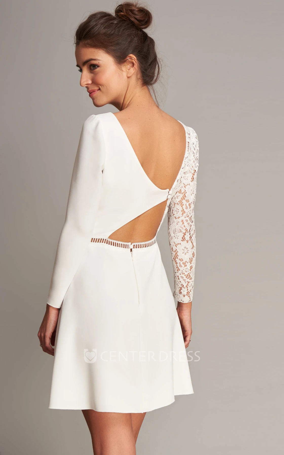 Romantic Satin Long Sleeve Illusion A Line Wedding Dress with Lace