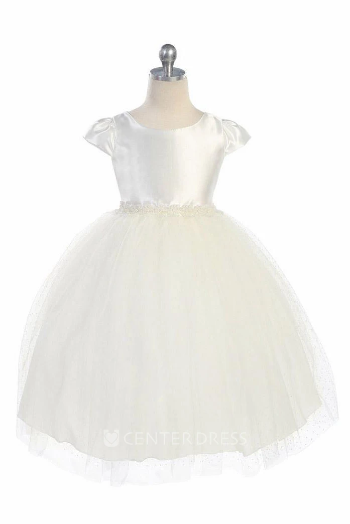 Tea-Length Cap-Sleeve Beaded Tulle&Satin Flower Girl Dress