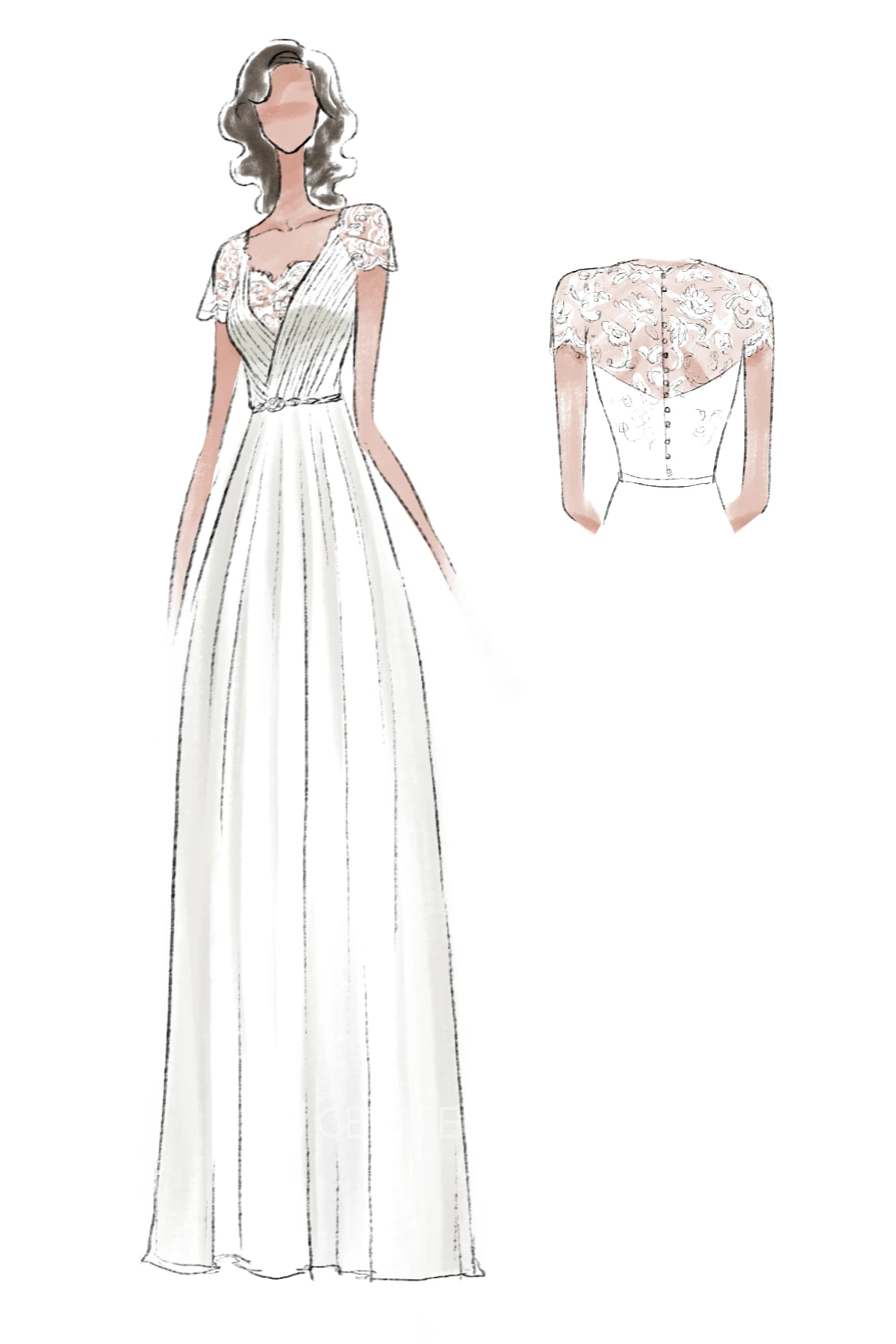 A-Line Long V-Neck Short Sleeve Chiffon Brush Train Illusion Waist Jewellery Dress