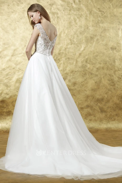 Square Floor-Length Beaded Tulle Wedding Dress With Court Train And V Back