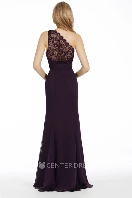 Floor-Length Sheath One-Shoulder Sleeveless Lace Chiffon Bridesmaid Dress