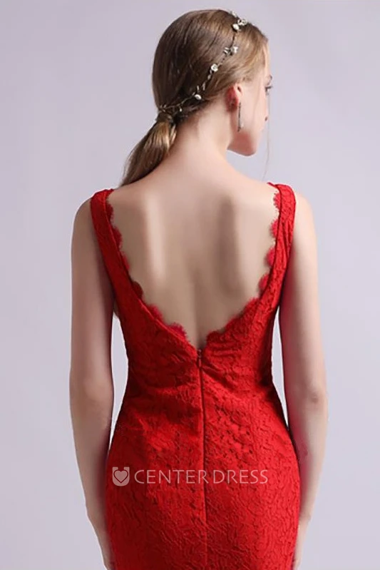Elegant Lace Mermaid Scalloped Sleeveless Deep-V Back High-Low Dress