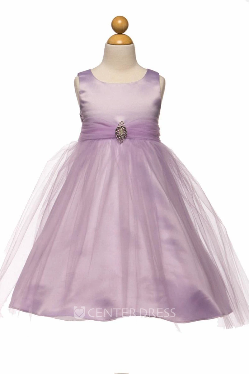 Tea-Length Beaded Tulle&Satin Flower Girl Dress With Broach