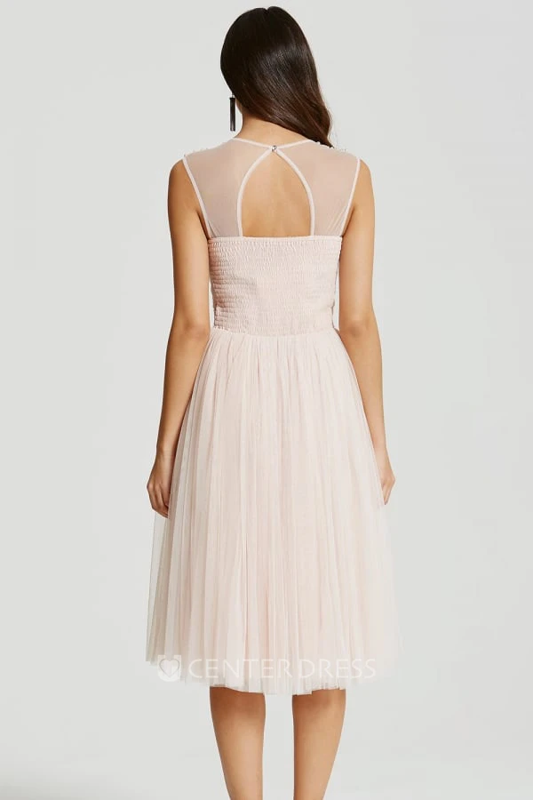 Tea-Length Sleeveless Scoop Neck Beaded Tulle Bridesmaid Dress