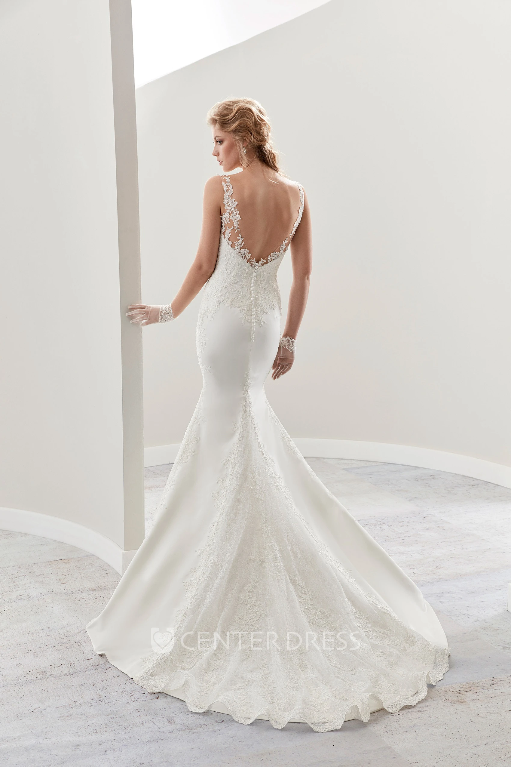 Illusion Cap Sleeve Sheath Lace Bridal Gown With Appliques And Open Back