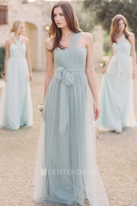 One-Shoulder Long Bowed Tulle Bridesmaid Dress With Ruching