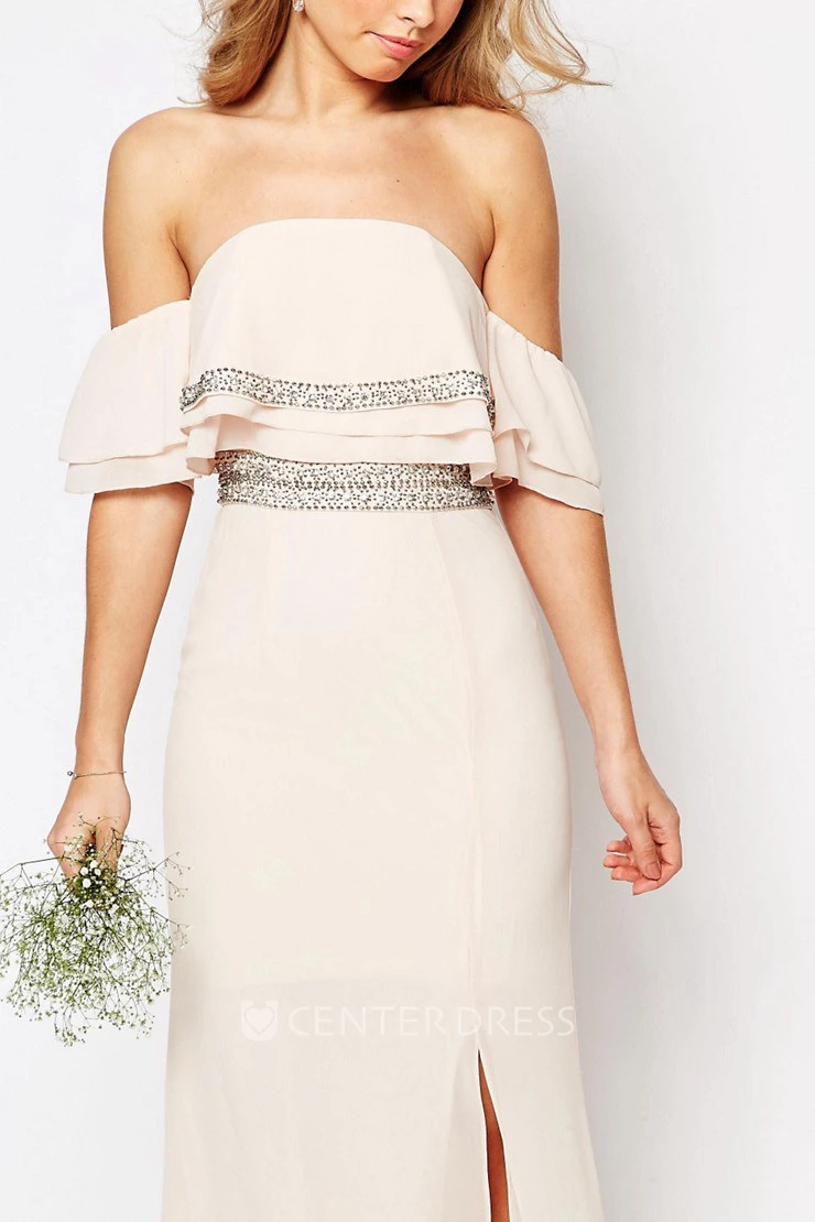 Sheath Ankle-Length Strapless Beaded Chiffon Bridesmaid Dress