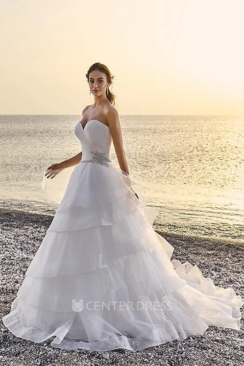 Ball Gown Sweetheart Tulle Wedding Dress With Criss Cross And Tiers