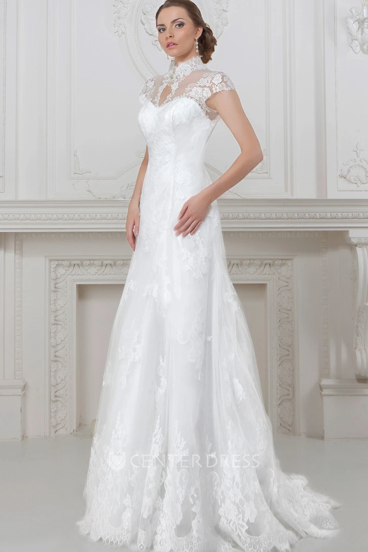 A-Line Cap-Sleeve Maxi High Neck Lace Warm Wedding Dress With Corset Back