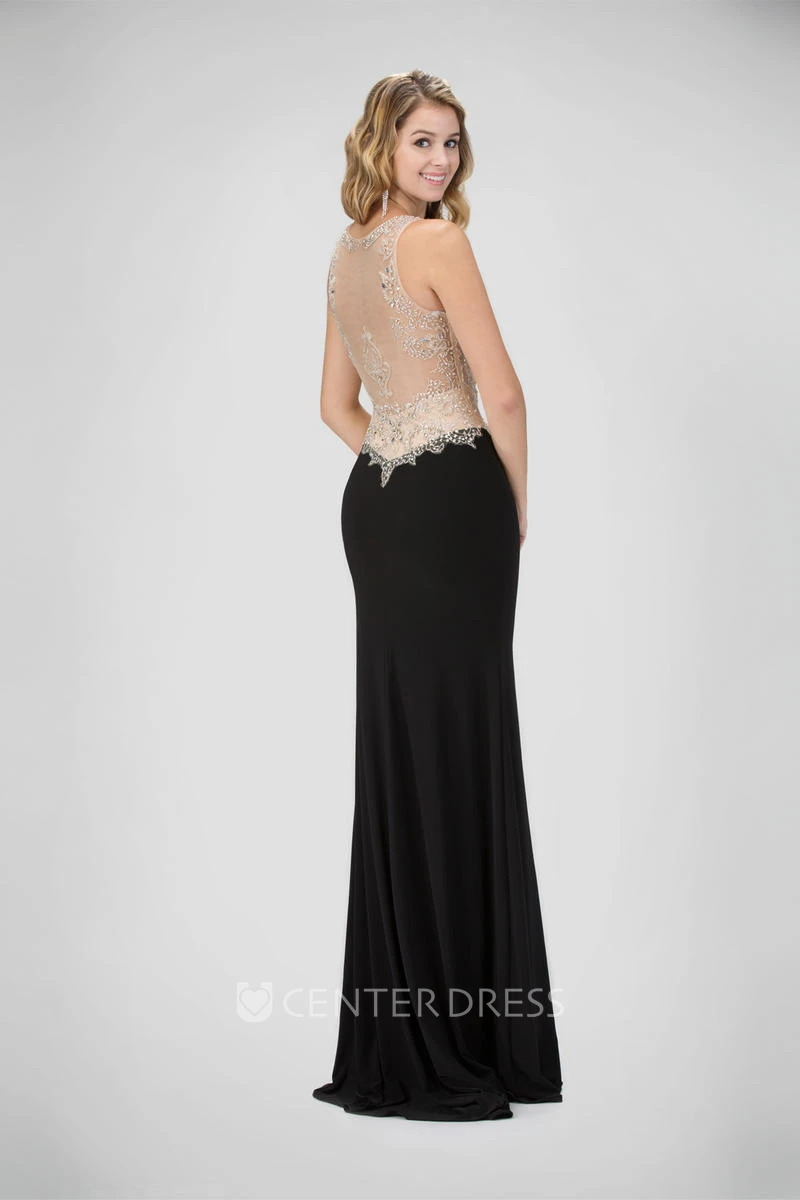 Sheath Scoop-Neck Sleeveless Jersey Illusion Dress With Beading
