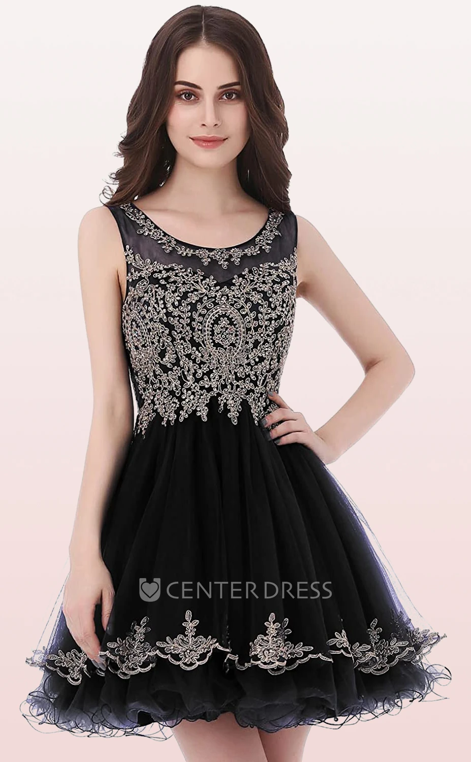 Romantic A Line Tulle Scoop Sleeveless Homecoming Dress with Embroidery