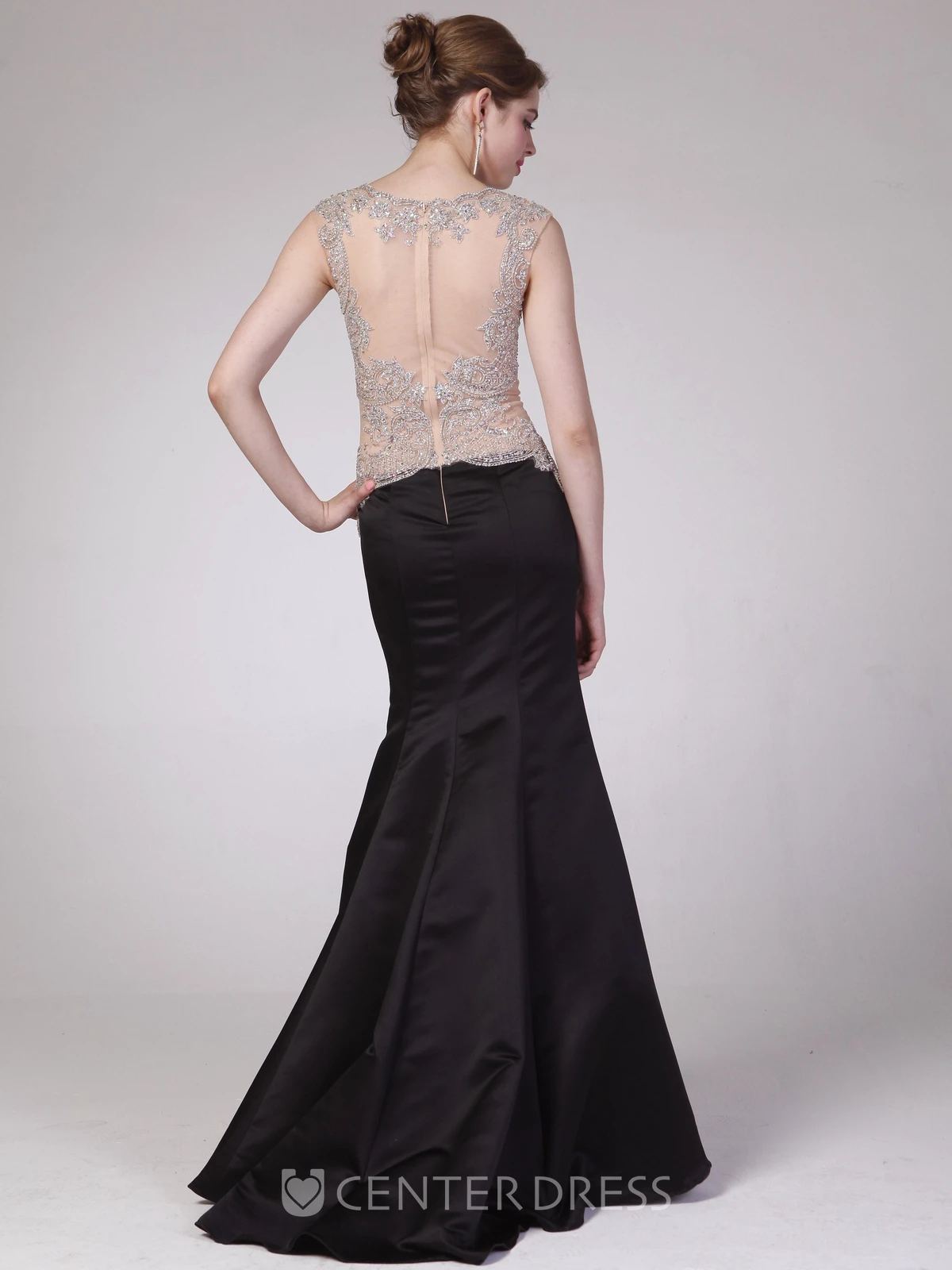 Trumpet Jewel-Neck Sleeveless Satin Illusion Dress With Beading