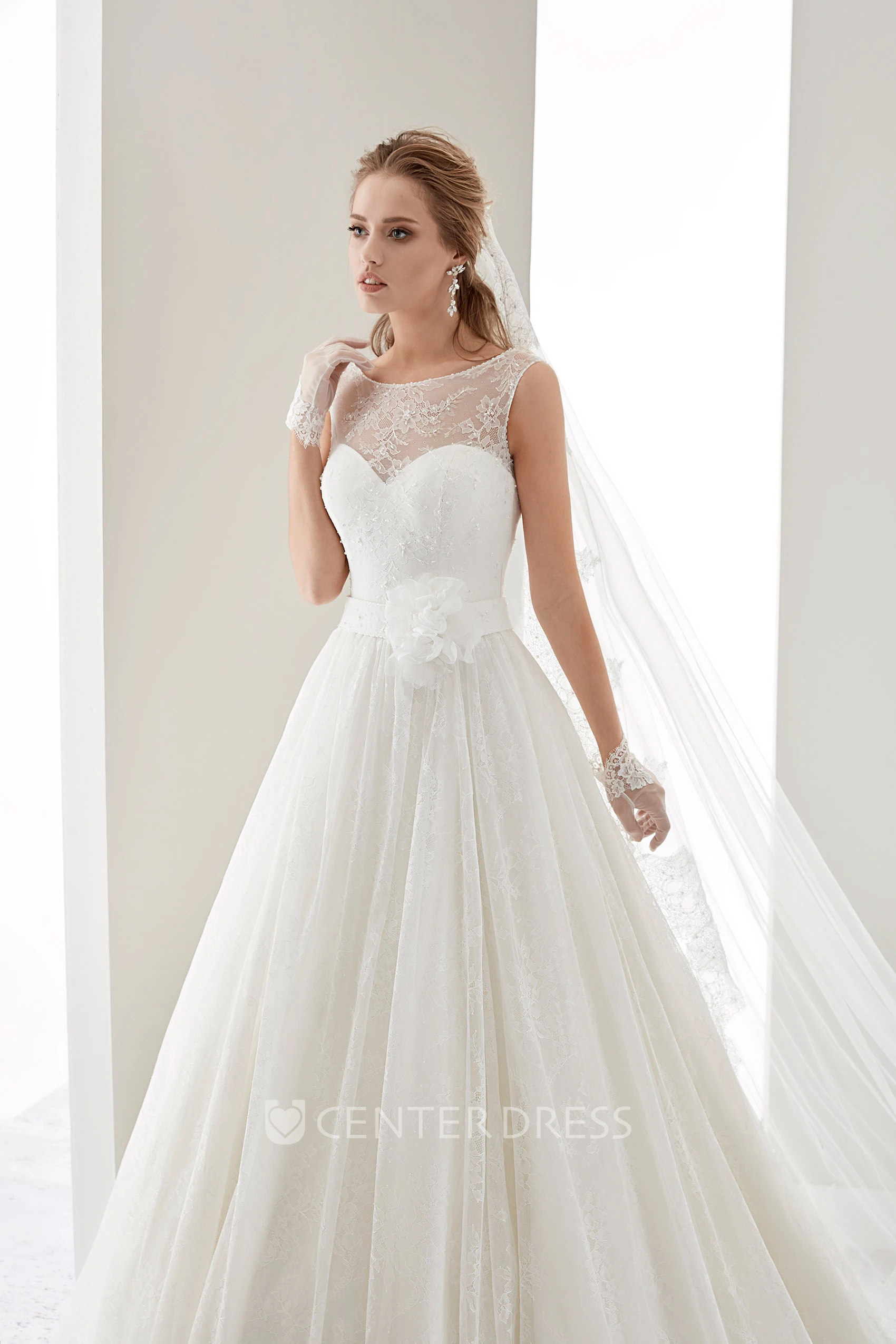 Cap sleeve Illusion Draping Gown with Flower Waist and Jewel Neck
