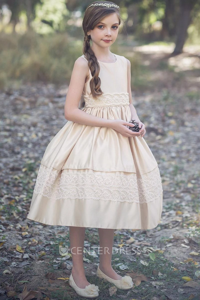 Tea-Length Tiered Sequined Tulle&Lace Flower Girl Dress