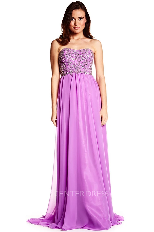 Beaded Strapless Chiffon Prom Dress With Brush Train