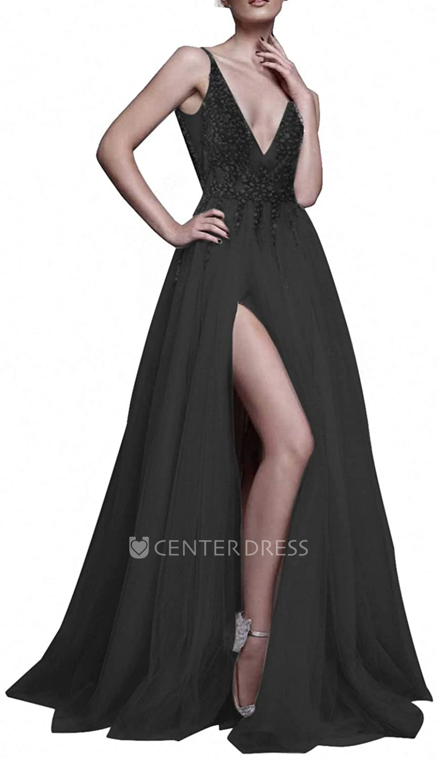 Tulle Floor-length Court Train V-neck A Line Sleeveless Prom Dress With Beading