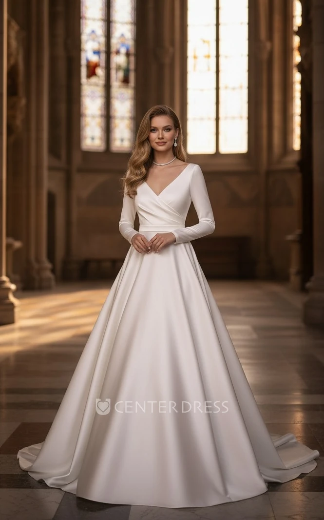 Vintage Elegant Satin Long Sleeve A-Line V-neck Warm Wedding Dress Simple Solid Court Floor-length Button Deep-V Back Bridal Gown with Sash Train