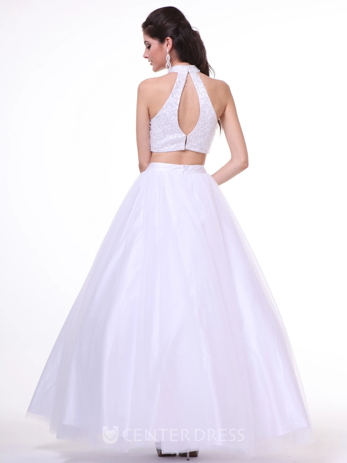 A-Line Ankle-Length High Neck Sleeveless Satin Keyhole Dress With Beading