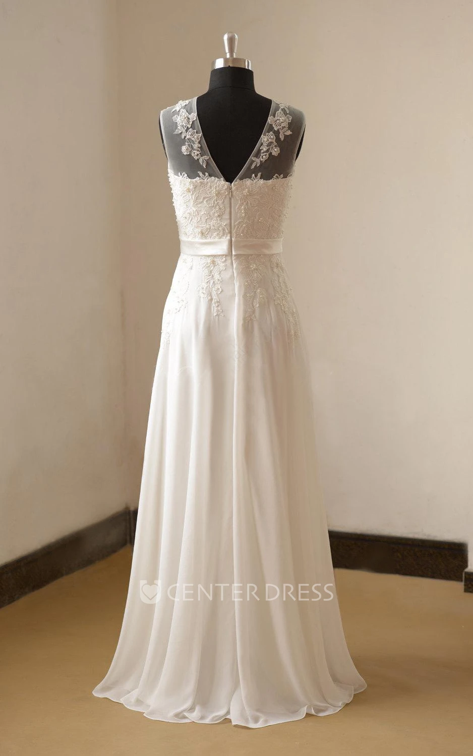 Jewel Neck Chiffon and Lace Bridal Gown With Pearls and Pleats