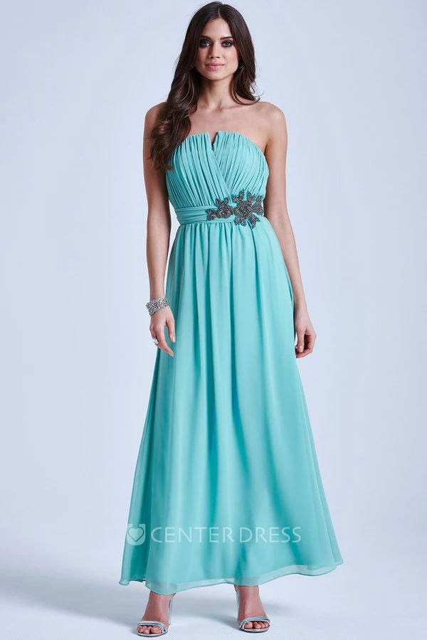 A-Line Notched Ruched Ankle-Length Sleeveless Chiffon Bridesmaid Dress With Waist Jewellery
