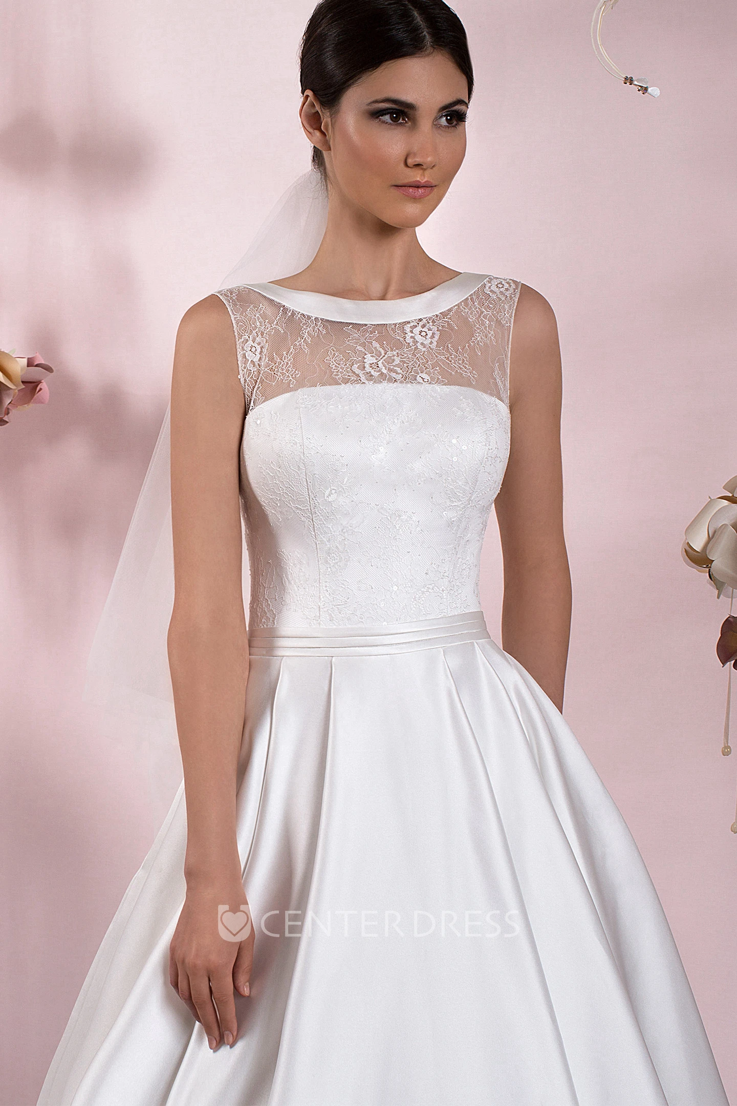 A-Line Lace Sleeveless Scoop Floor-Length Satin Wedding Dress With Lace-Up Back And Bow