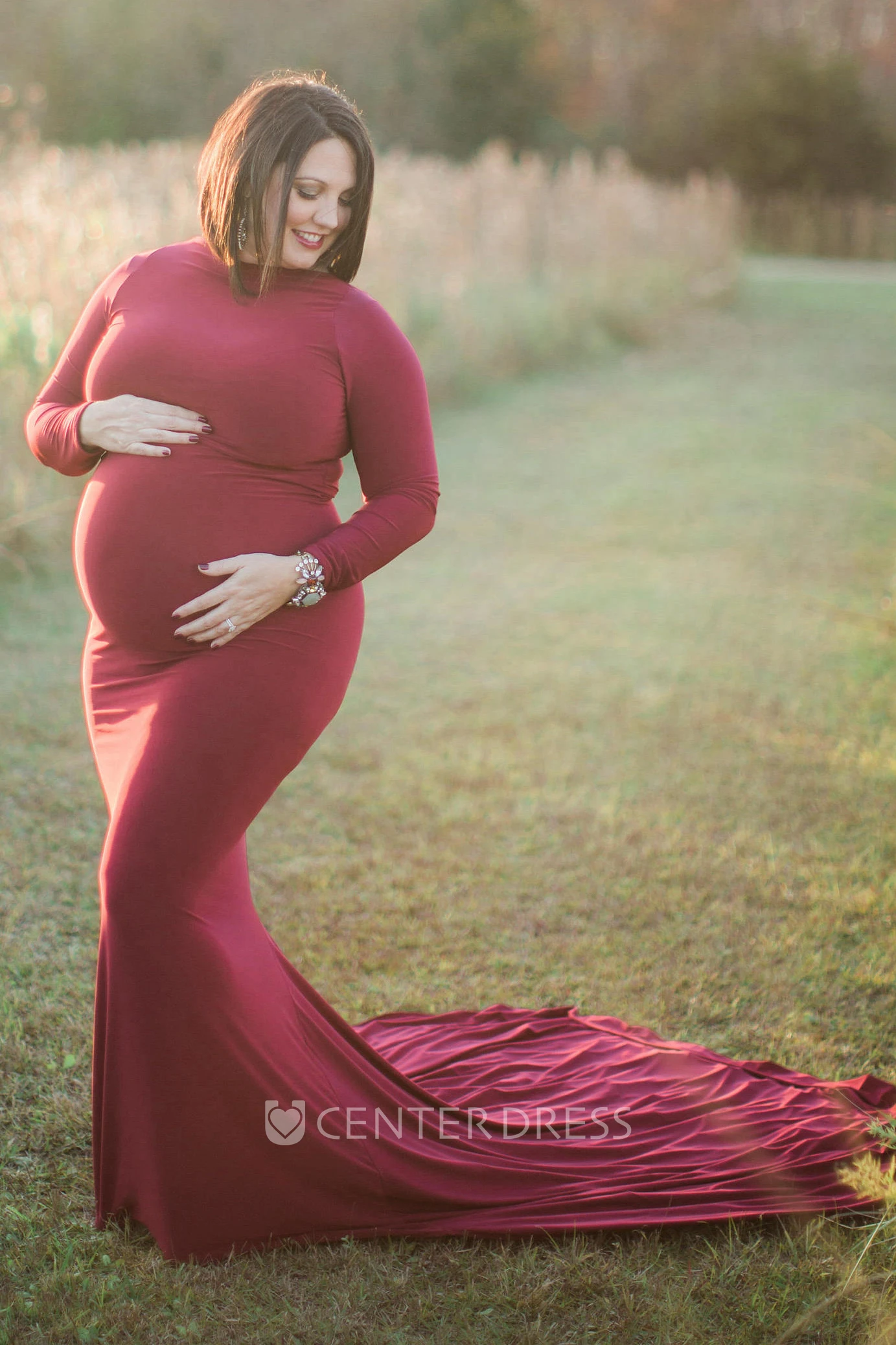 Sheath Court Train Long Sleeve Empire Maternity Dress