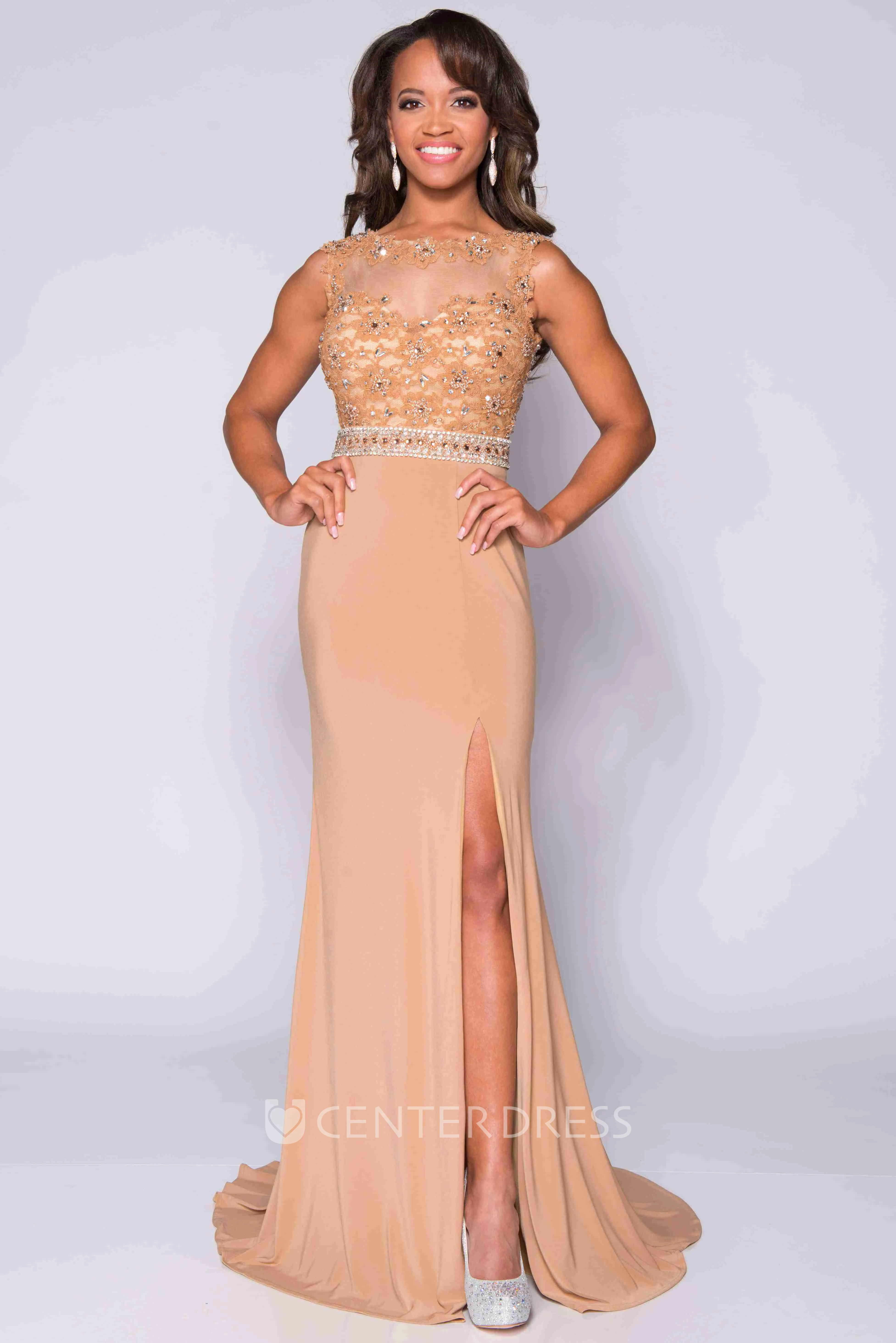 Jersey Sleeveless Side Slit Prom Dress With Beaded Lace Bodice