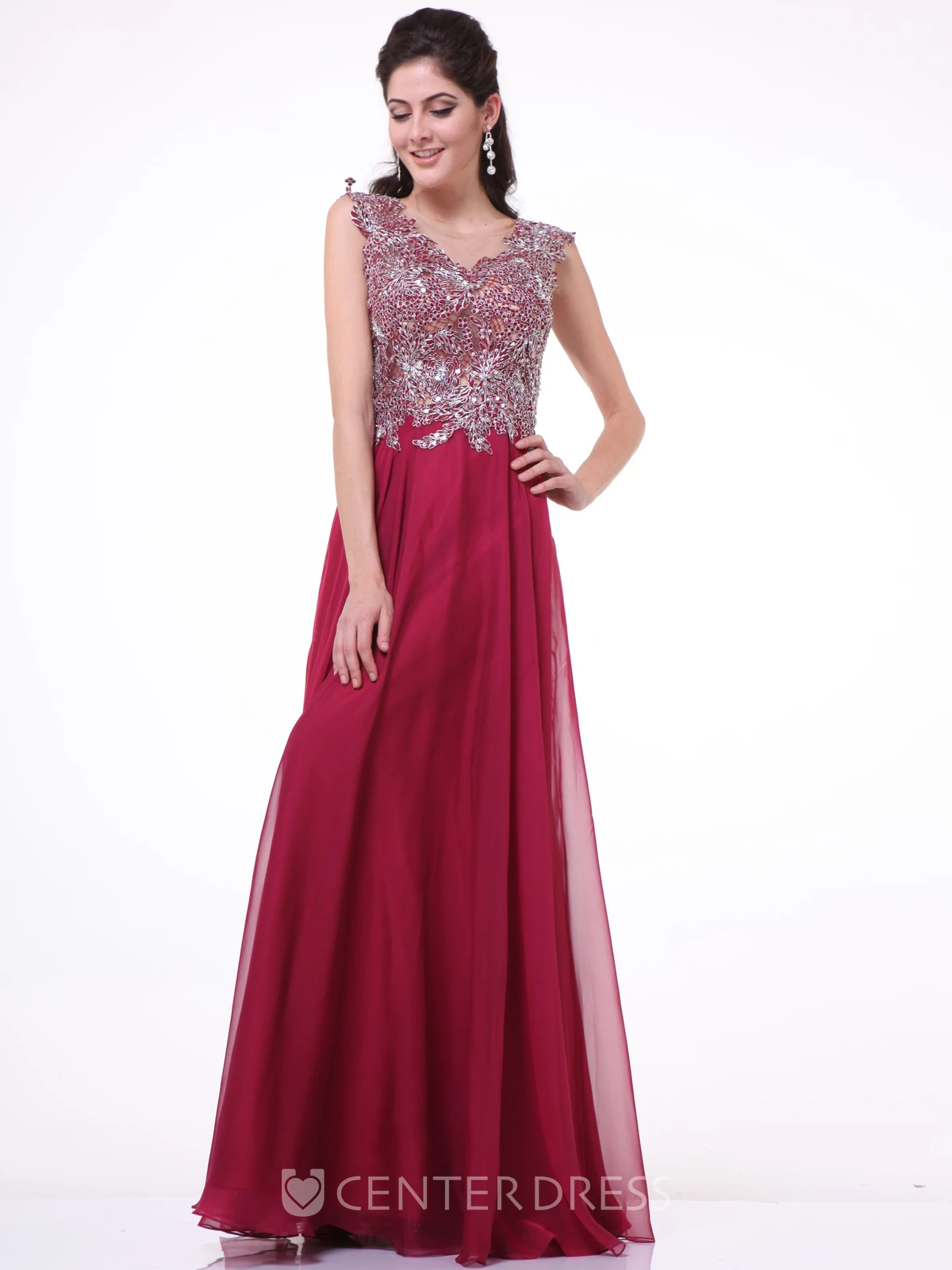 A-Line Scoop-Neck Sleeveless Chiffon Dress With Appliques And Pleats