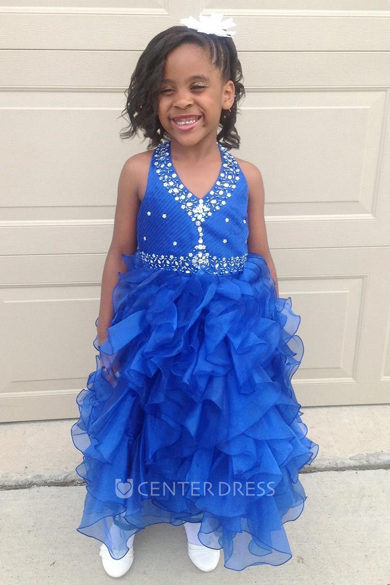 Tea-Length Ruffled Natural Tiered Beaded Sequins&Organza Flower Girl Dress With Sash