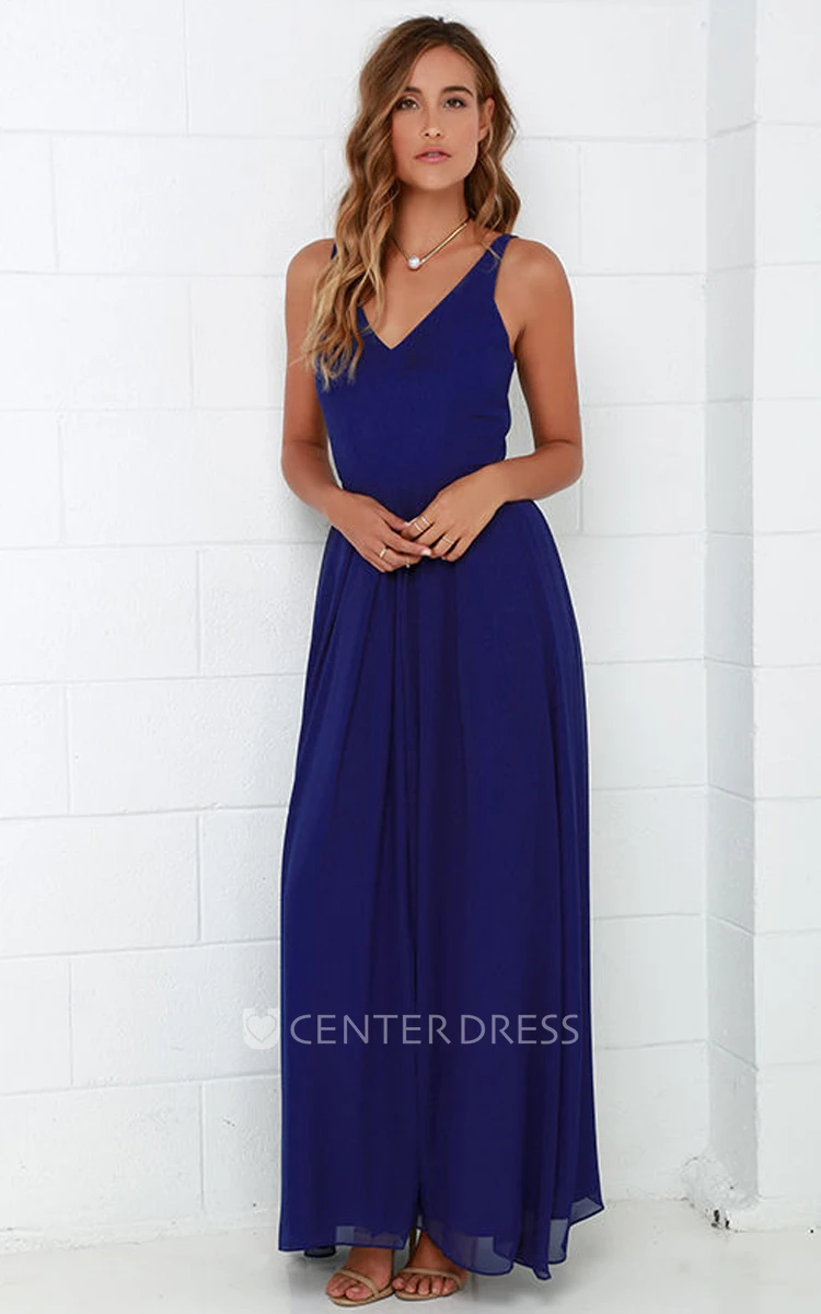 Simple Sleeveless V-Neck A-Line Chiffon Long Dress With Front Split