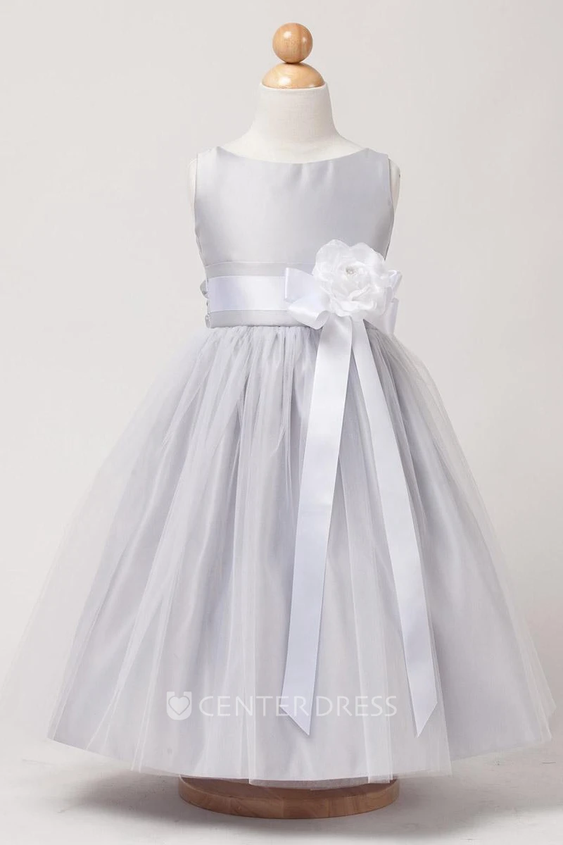 Tea-Length Tiered Tulle&Satin Flower Girl Dress