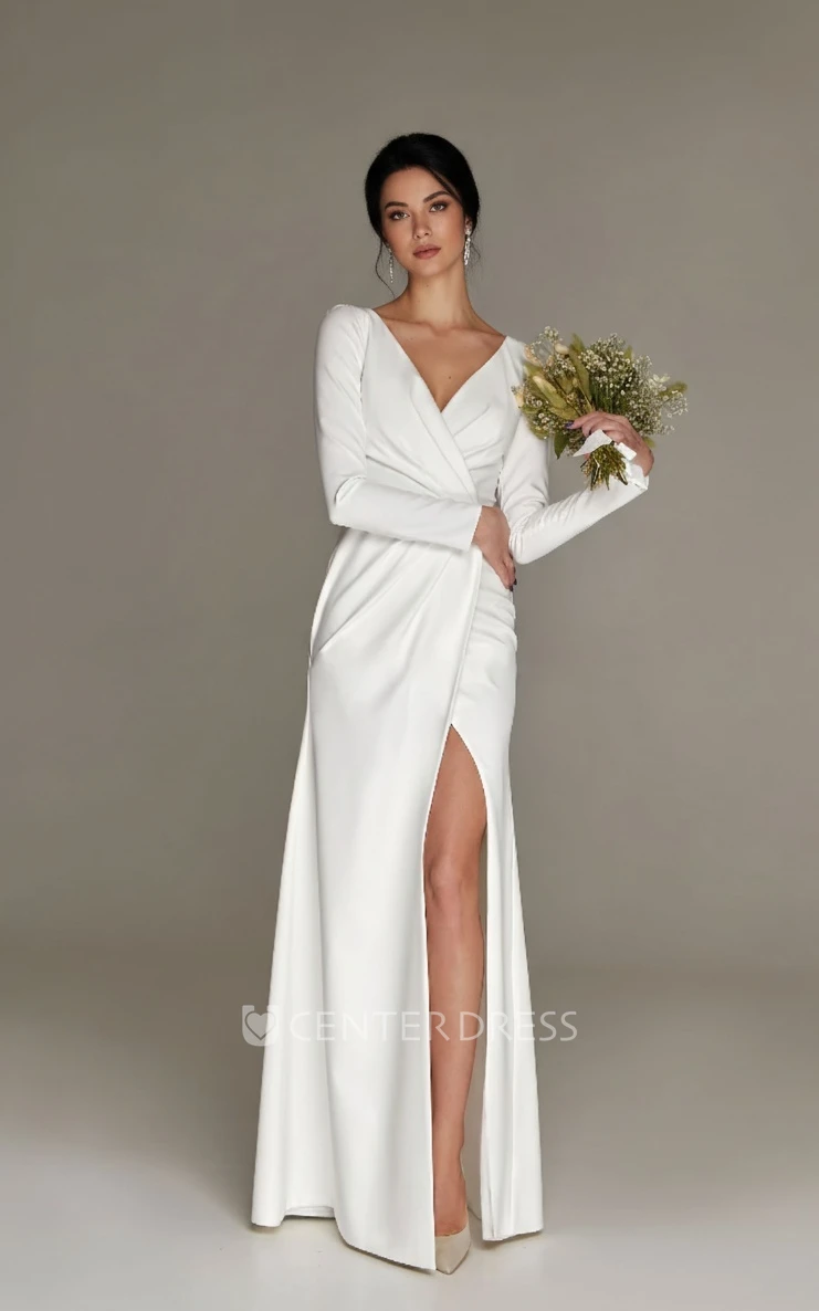 Split Sexy Simple Floor-length Long Sleeve V-neck Sheath Reception Wedding Bride Dress Zipper Back