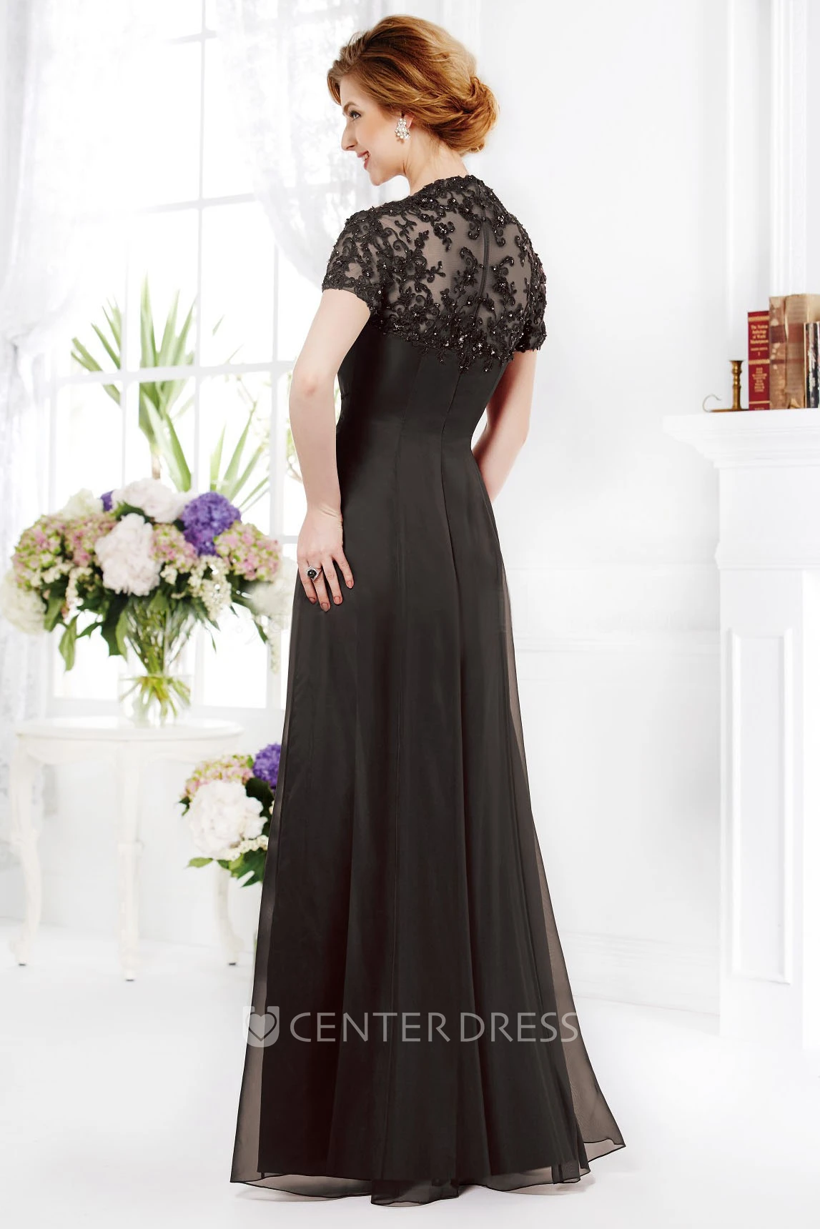 Short-Sleeved A-Line Mother Of The Bride Dress With Ruches And Square Neck