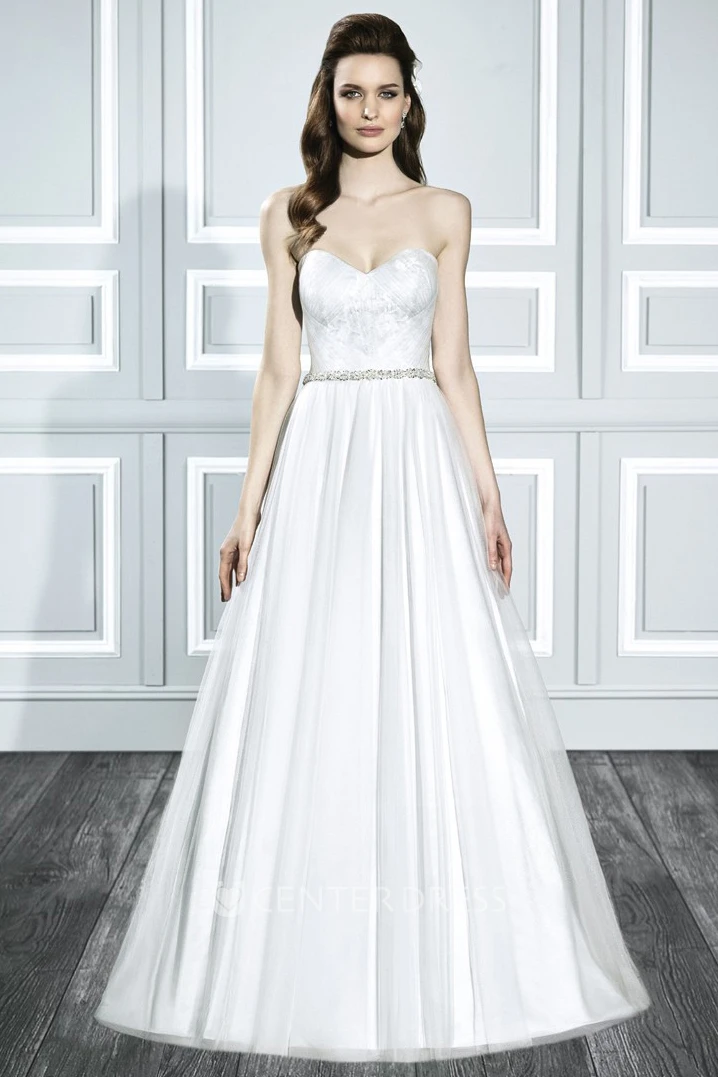 A-Line Jeweled Sweetheart Floor-Length Tulle&Satin Warm Wedding Dress With Ruching And V Back