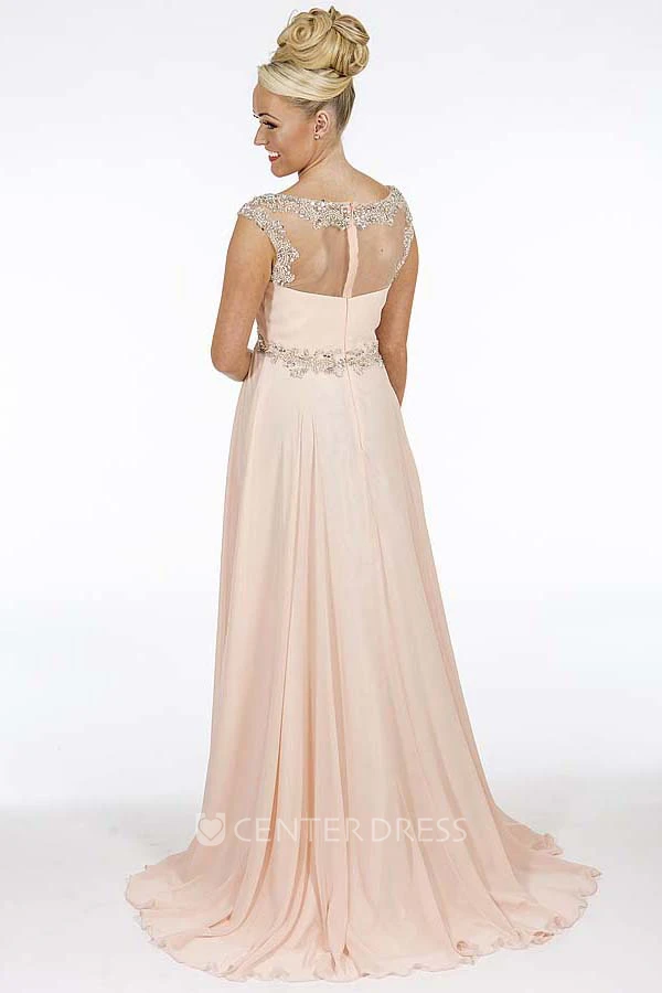 A-Line Empire Scoop Floor-Length Cap-Sleeve Beaded Chiffon Prom Dress With Waist Jewellery And Ruching