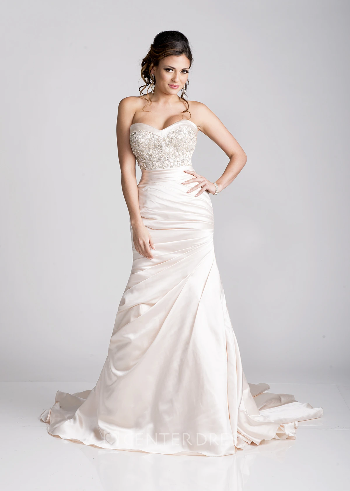 A-Line Ruched Satin Wedding Dress With Jeweled Bodice And Sweetheart Neckline