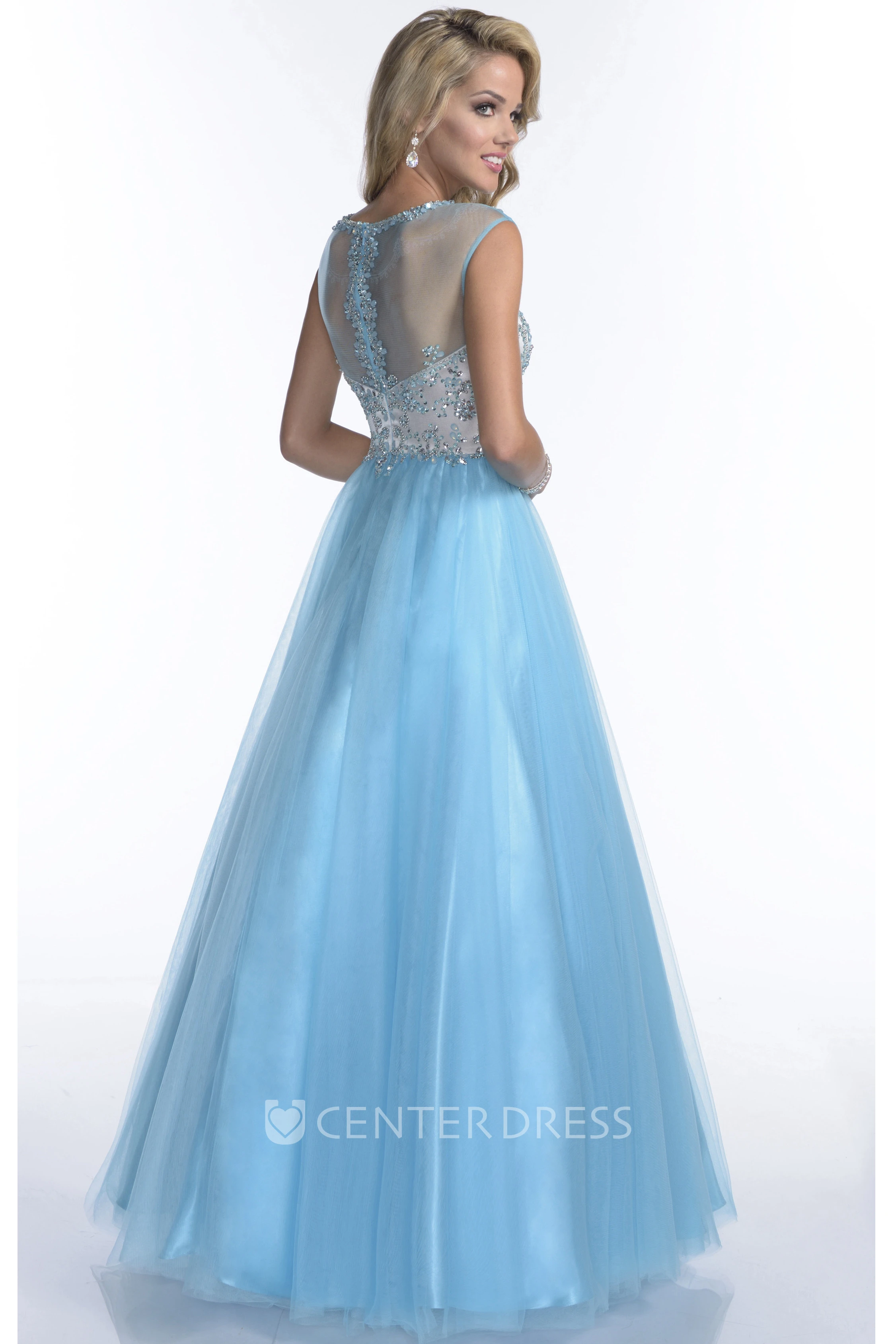 Tulle Cap Sleeve Rhinestone Bodice A-Line Illusion Back Prom Dress