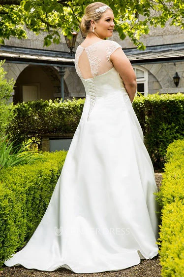 Beaded Cap Sleeve Taffeta Bridal Gown With Lace Up And Keyhole