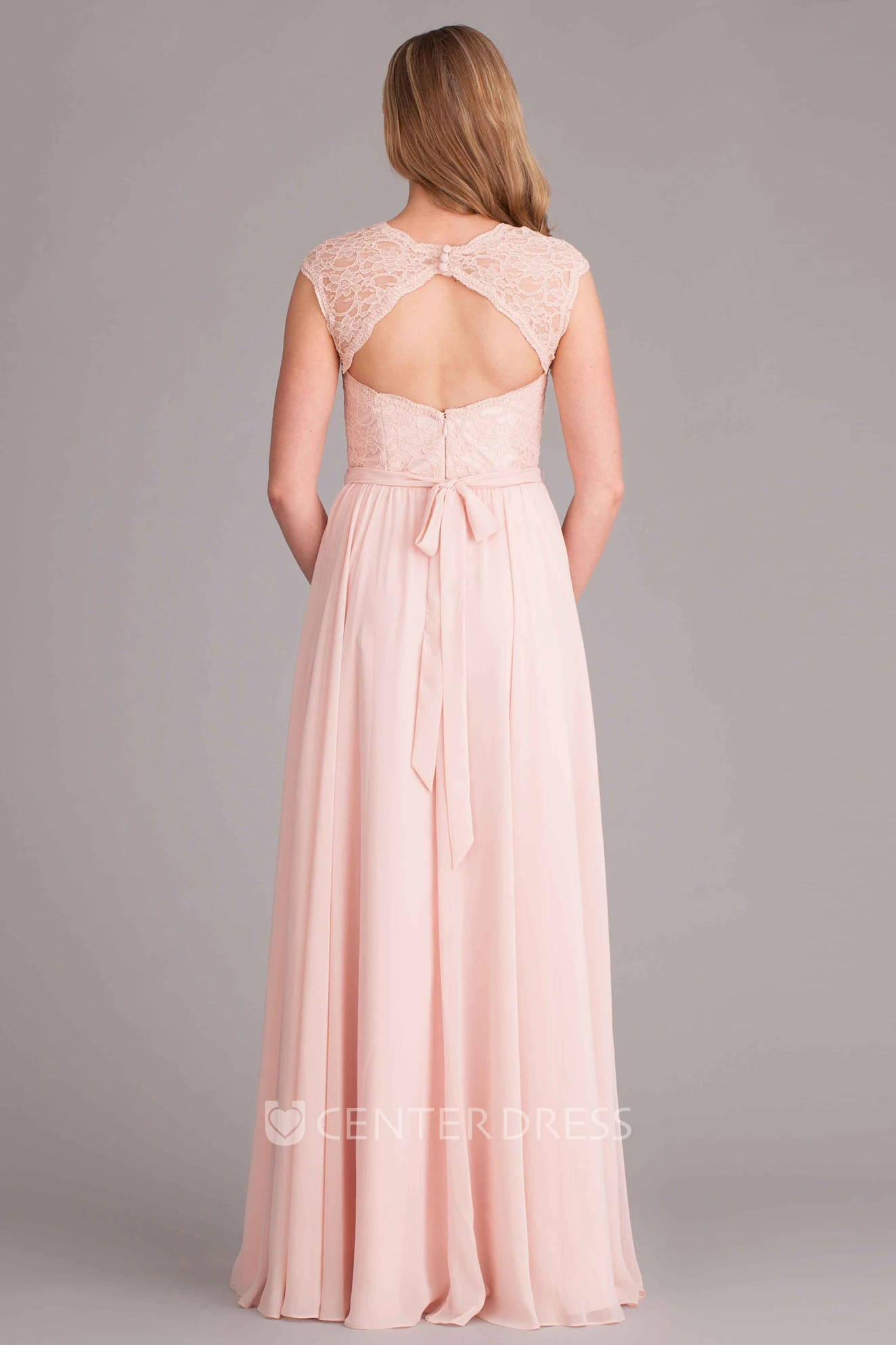 V-Neck Lace Cap Sleeve Chiffon Bridesmaid Dress With Bow And Keyhole