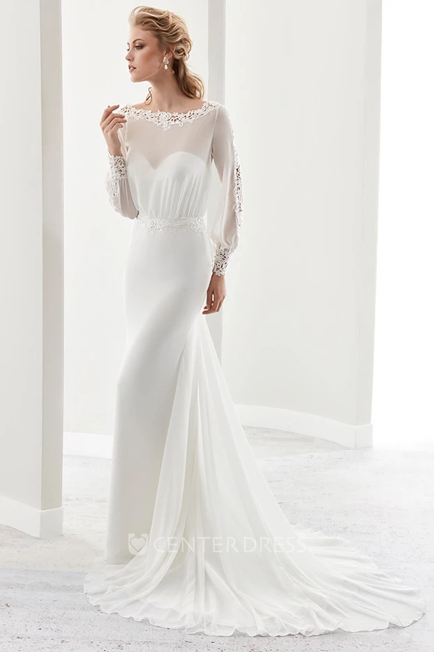Long-Sleeve Jewel-Neck Sheath Gown With Illusion Design And Keyhole Back
