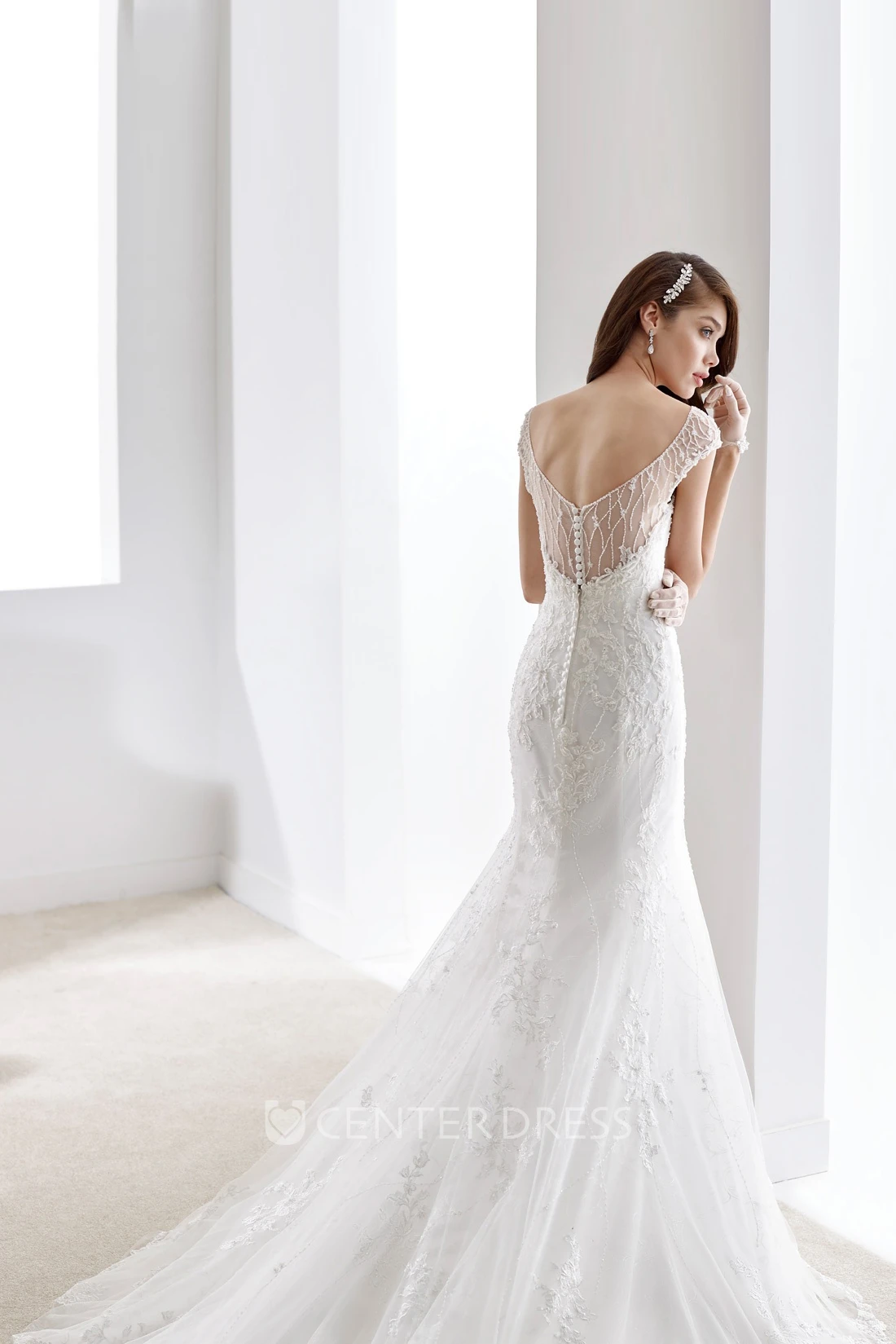V-Neck Lace Long Gown With Appliques And Open Back