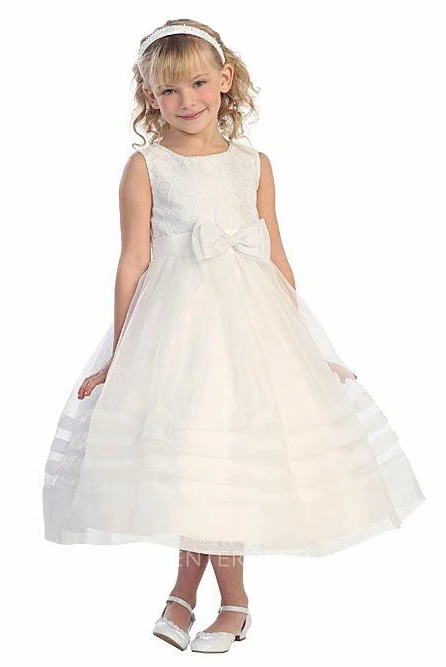 Tea-Length Pleated Tiered Lace&Organza Flower Girl Dress